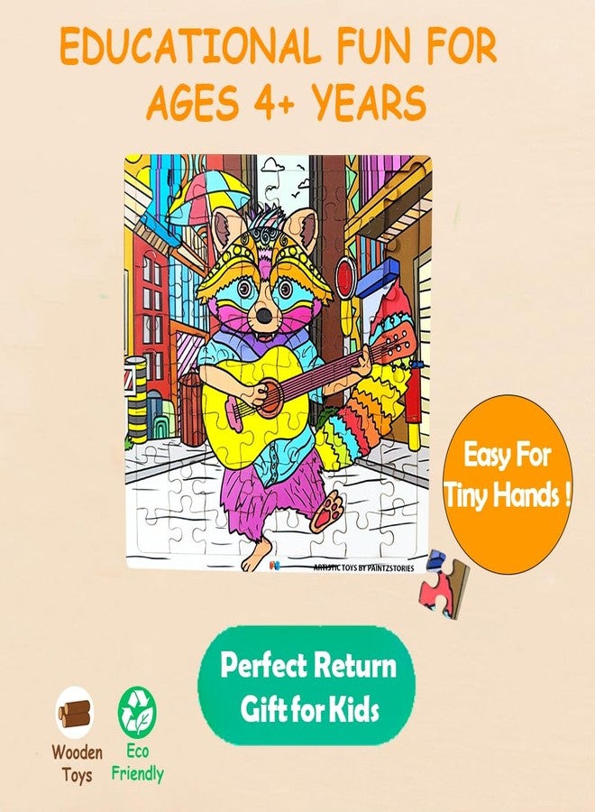 PAINTZSTORIES أحجية خشبية من PAINTZSTORIES على شكل راكون عازف جيتار | مجموعة واحدة من 64 قطعة | أحجية تعليمية لتنمية المهارات الإدراكية والحركية | هدية عيد ميلاد للأطفال | 4 سنوات فما فوق | الحجم 9 × 9 بوصة - Image 4